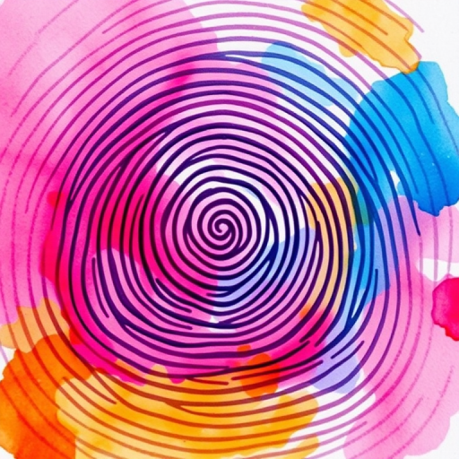 Create an abstract watercolor image depicting concentric fingerprint-like swirls in vibrant hues of pink, blue, and orange with a soft focus lens, using a DSLR camera at f/4 aperture, ISO 100, and a 50mm lens to enhance color richness and depth.