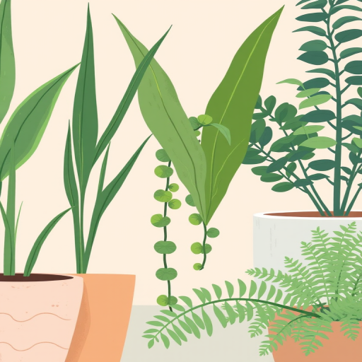 create a vibrant illustration of potted plants with diverse shapes and textures, featuring tall green leaves, a trailing plant with small round leaves, and a fern, set against a soft beige background, camera settings: ISO 100, aperture f/8, shutter speed 1/60s, camera view: close-up, camera style: modern minimalist, camera type: digital DSLR