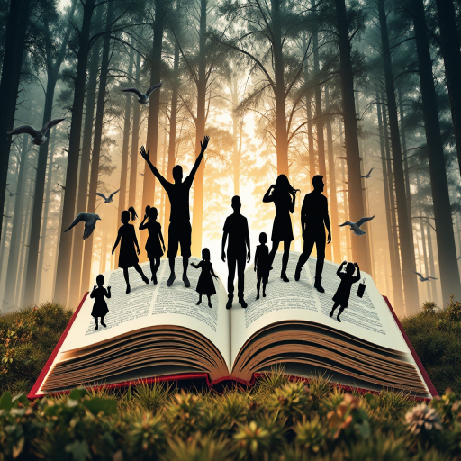 Create a surreal illustration of an open book with silhouettes of diverse families in various poses emerging from it, surrounded by a dense forest with birds flying, captured with a DSLR camera at f/8 aperture, 50mm lens, natural light, and a wide-angle view to enhance depth and composition.