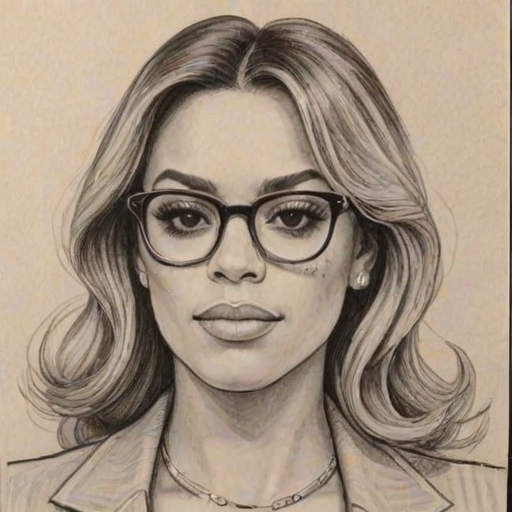 Splendid Dinah Jane, pencil sketch, portrait of Superb woman 1971s in glasses, hair style beatnik, outline, clear lines, fine lines, 8k