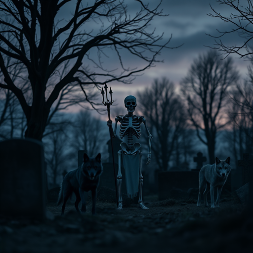 Create a dark fantasy scene featuring a skeletal figure with a staff standing in a graveyard with a wolf, surrounded by barren trees and tombstones, captured with a DSLR camera at f/2.8, ISO 400, 50mm lens, in twilight conditions for enhanced contrast and depth.