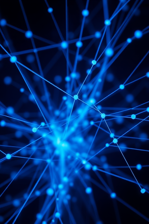 Generate a high-resolution abstract image of interconnected blue nodes and lines on a dark background, taken with a Canon EOS R5 at f/8, ISO 200, 1/60 sec, using a macro lens for crisp detail and vibrant color contrast.