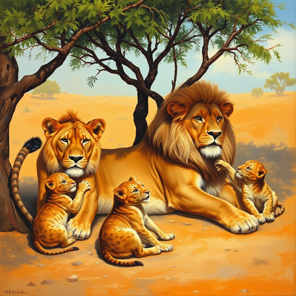 a beautiful realistic oil painting of a Lioness and Lion laying next to each other in a small shade tree while their cubs are playing around them.  1 cub is playing with The lions tail and 1 is biting the lionesses ear.  Setting is African desert.  The scene is warm and serene