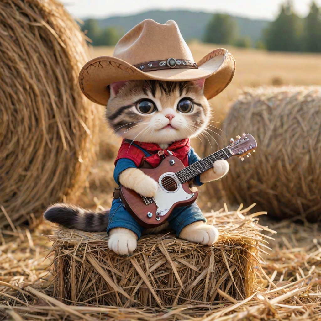 A chibi cat, dressed as a cowboy, playing guitar, sitting on a hay bale