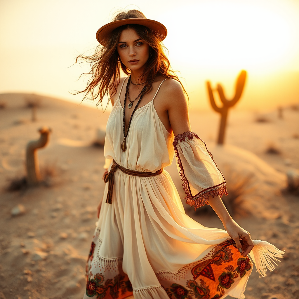 Desert setting, bohemian model, flowy dresses, earthy tones, rustic sunset effect,  equipped with a 12mm lens to capture an overhead view of the model, emphasizing symmetry and spatial positioning