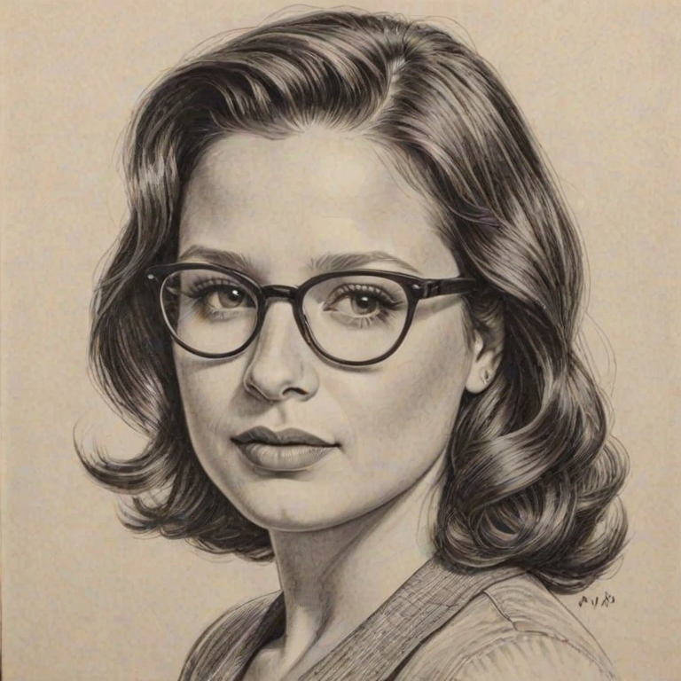 Exquisite Katie Lowes, pencil sketch, portrait of Resplendent woman 1941s in glasses, hair style beatnik, outline, clear lines, fine lines, 8k