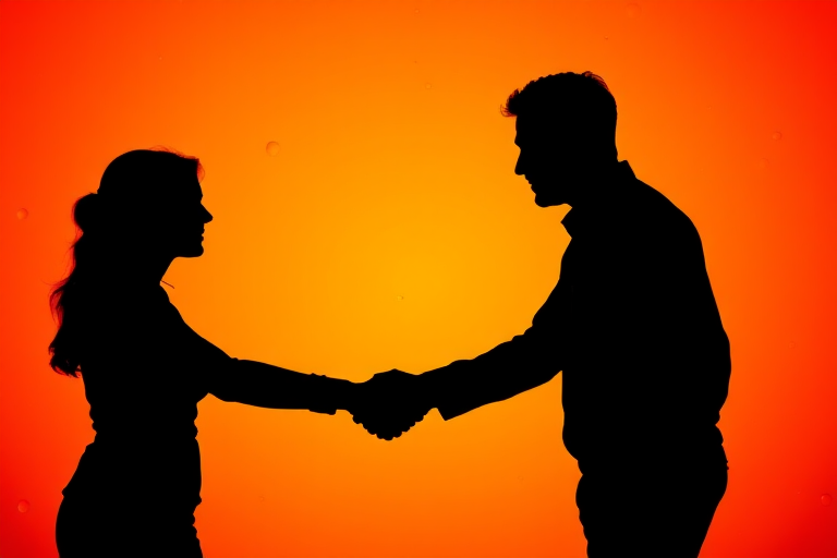 Create an image of two silhouettes shaking hands against a vibrant orange background with circular patterns, using a DSLR camera with a 50mm lens, aperture f/1.8, ISO 200, and a soft focus to enhance the contrast and clarity of the figures.