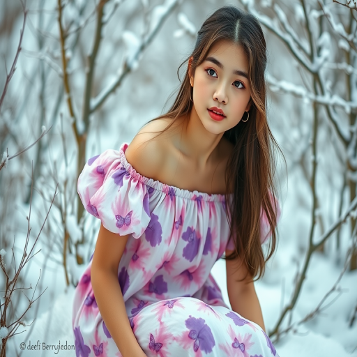 "This image features a young woman seated in an ethereal and whimsical setting, blending nature with a wintery theme. She is wearing a delicate, off-shoulder dress with puffy short sleeves, designed in a soft pink and purple tie-dye pattern, adorned with small butterfly motifs scattered across the fabric. The dress accentuates her petite figure and lends a feminine, playful vibe to her appearance.