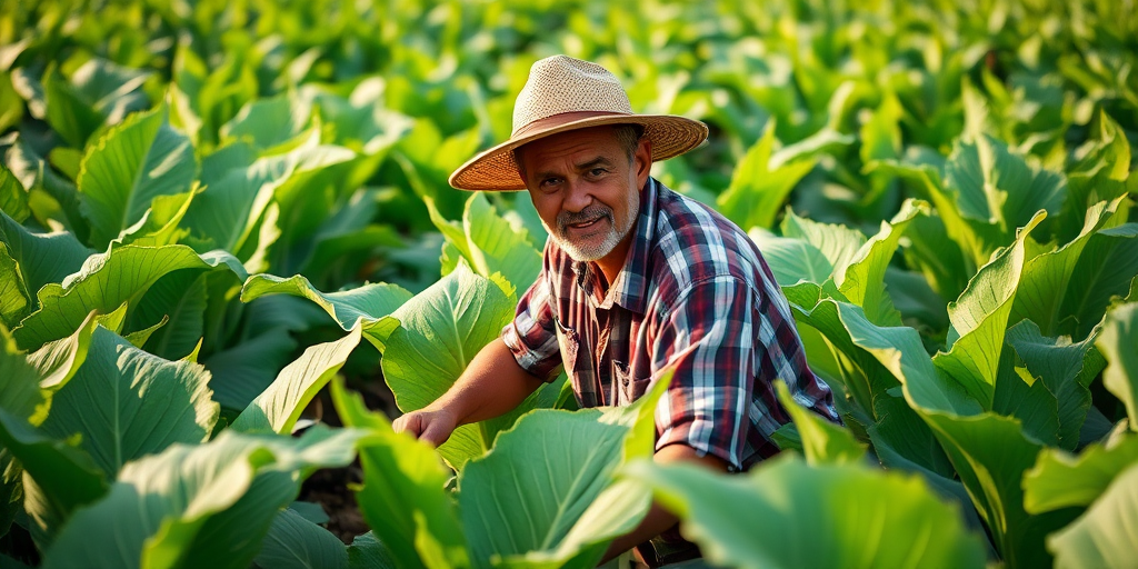 A farmer wearing a straw hat working in a lush green tobacco field under soft natural light; camera settings: f/4, 1/250s, ISO 100; camera view: wide shot; camera style: vibrant colors; camera type: DSLR.