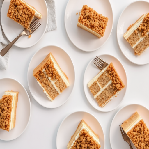 Aerial view of several slices of layered cake on white plates arranged on a light surface with a fork on one plate and a napkin in the background. The cake features cream and sponge layers with a crumb topping. The setting is bright and minimalist.