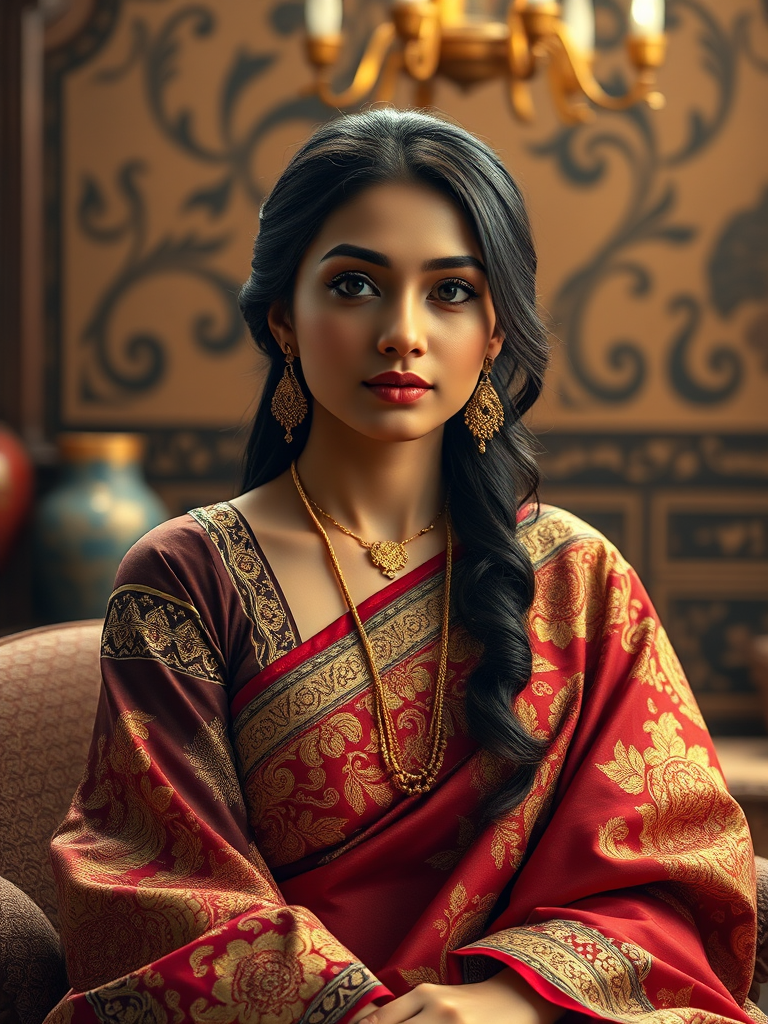 A beautiful Bangladeshi woman in traditional East Asian attire, intricately detailed with embroidered patterns, sitting gracefully in a richly decorated room, soft ambient lighting, serene and elegant, ultra-realistic, 8K resolution