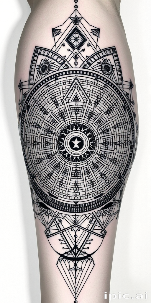 Intricate blackwork tattoo named "Shadow Labyrinth" showcasing an elaborate maze-like pattern of fine lines and geometric shapes, incorporating elements of sacred geometry and optical illusions to create a visually stunning and hypnotic design that appears to shift and change as the viewer's perspective alters, ideal for individuals who appreciate complex and thought-provoking body art.