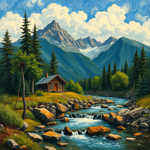 This Van Gogh-inspired painting depicts a peaceful scene of a small cabin located near a flowing river. The scene is surrounded by lush vegetation, including tall trees and rocky terrain. In the background, majestic mountains rise under a sky filled with rolling clouds. The river gently cascades over the rocks, adding a sense of movement and tranquility to the scene. The use of vibrant colors and detailed brushstrokes create a sense of depth and harmony in the natural setting.