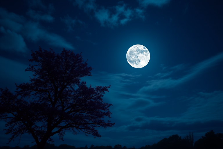Create a serene nighttime landscape with a large full moon illuminating a deep blue sky filled with wispy clouds, and a silhouette of a tree with vibrant purple leaves, captured using a DSLR camera, 50mm lens, f/1.8 aperture, ISO 200, with a soft focus effect for a dreamy atmosphere.