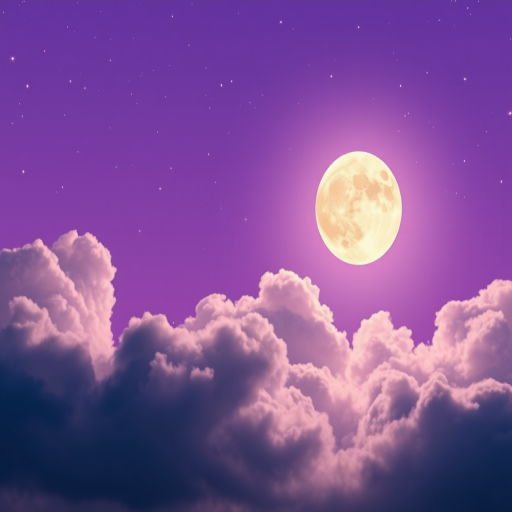 Create a dreamy night sky scene featuring a large, bright moon surrounded by fluffy clouds and a purple gradient background with twinkling stars, shot with a DSLR camera at f/2.8, ISO 100, 24mm focal length, and a soft-focus lens to enhance the ethereal quality.