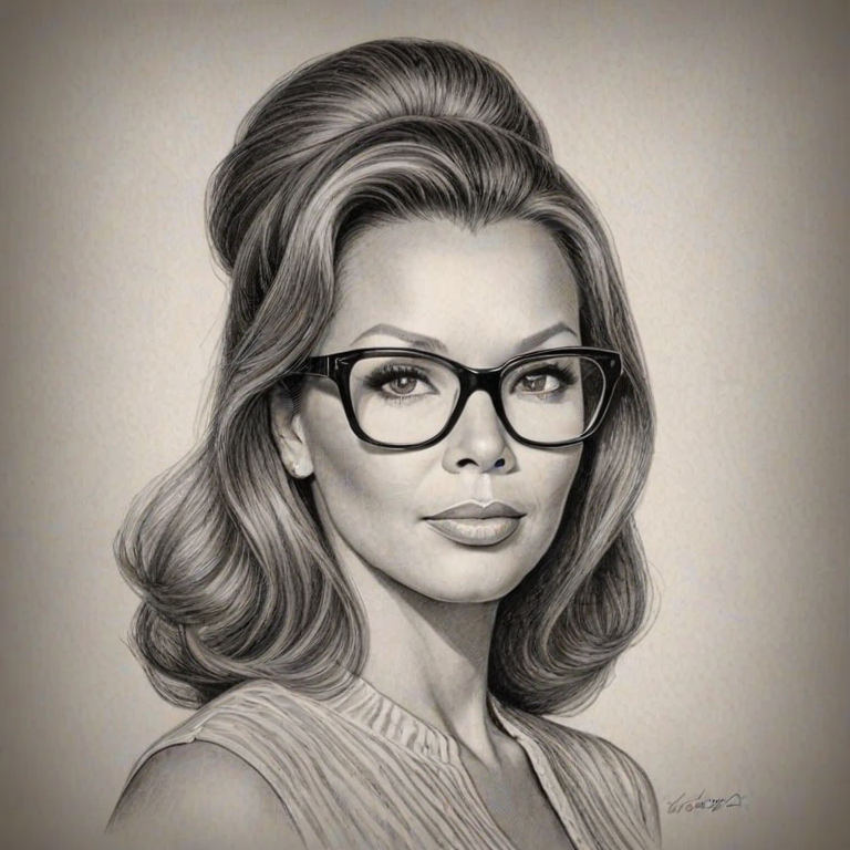 Delightful Vanessa Williams, pencil sketch, portrait of Exquisite woman 1960s in glasses, hair style beatnik, outline, clear lines, fine lines, 8k