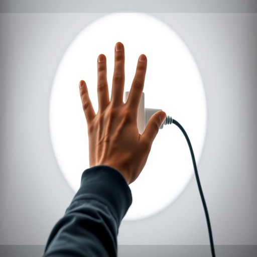 Create an image of a person reaching out with an electric plug, featuring a large circular shape in the background, using a DSLR camera with a 50mm lens, aperture f/1.8, ISO 200, and a slightly blurred backdrop for depth enhancement.