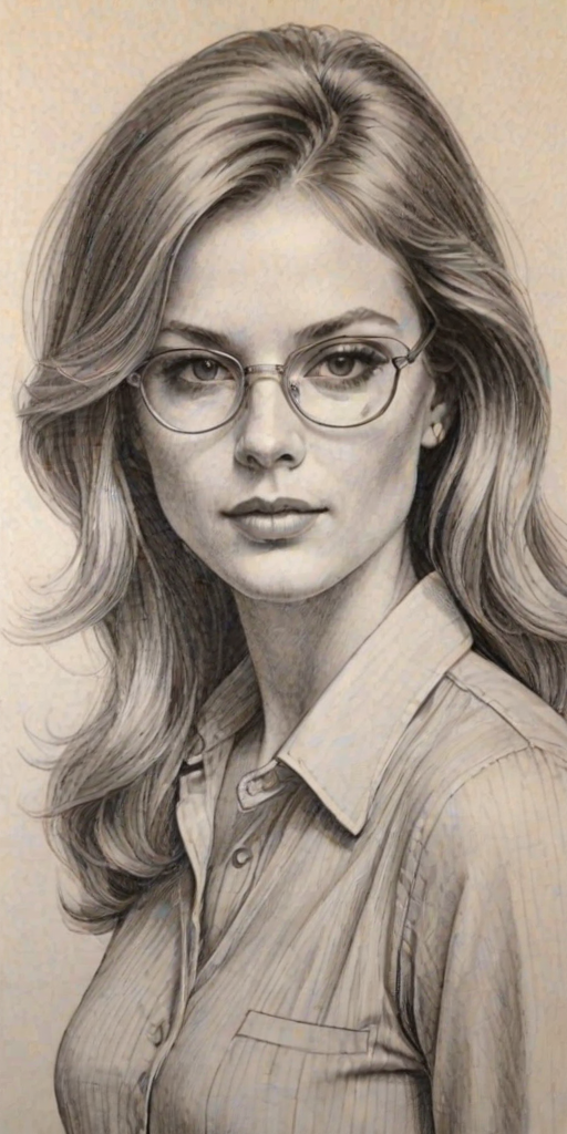Beauteous Robyn, pencil sketch, portrait of Enticing woman 1970s in glasses, hair style beatnik, outline, clear lines, fine lines, 8k