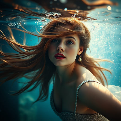 Underwater portrait of a woman with long, flowing hair in a shimmering dress, ethereal lighting, soft focus, ISO 100, f/1.8, 50mm lens, shallow depth of field, soft natural light, high dynamic range.