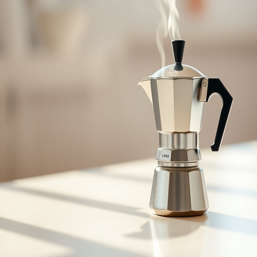 Create a high-resolution digital illustration of a moka pot on a smooth surface with steam rising, using a Canon EOS 5D Mark IV with a 50mm f/1.8 lens, capturing a shallow depth of field and soft natural lighting.