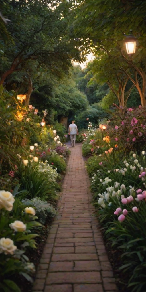 Tranquil evening scene in a botanical garden, with soft lighting illuminating pathways, a couple strolling hand in hand, and fragrant flowers creating a romantic atmosphere.