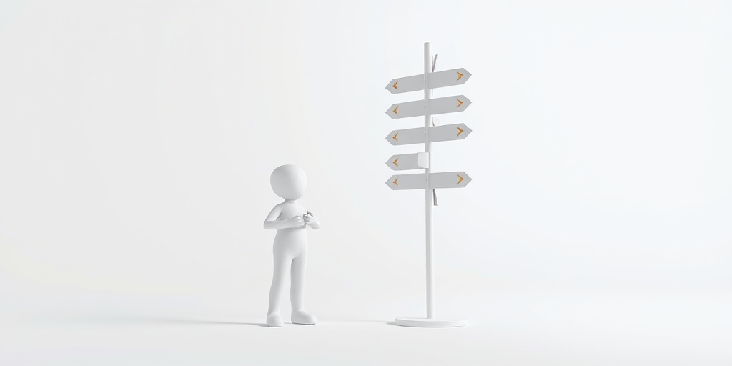 Create an image of two simplistic white 3D figures standing next to a tall signpost with multiple directional arrows, in a bright and minimalistic environment, captured with a DSLR camera at f/8 aperture, ISO 100, 50mm lens, with a soft focus background for enhanced depth.