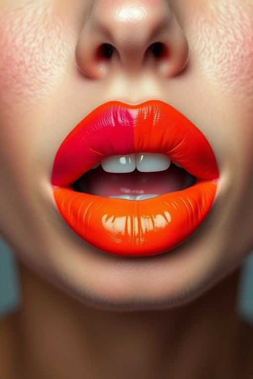 Striking two-toned lips with contrasting shades of fuchsia and orange, creating a bold and unique look that demands attention