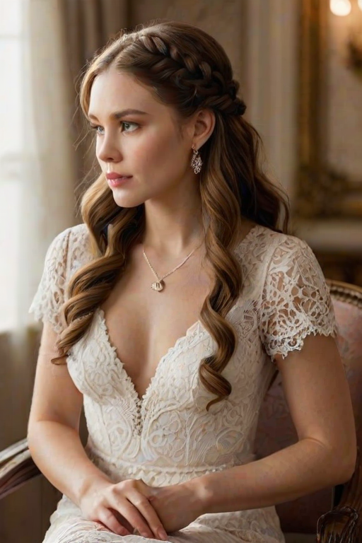 Create a portrait of a refined and elegant woman seated in a sophisticated setting. She has long, wavy hair styled in two thick braids that are pulled over her shoulders. She wears a white, lace gown with intricate patterns, featuring a deep V-neckline and short sleeves. The dress exudes a vintage charm with its delicate lacework. She is adorned with ornate, dangling earrings that add a touch of glamour to her appearance. The background is softly lit, with warm, ambient lighting that creates a cozy and inviting atmosphere. Her expression is poised and serene, capturing a sense of grace and elegance.