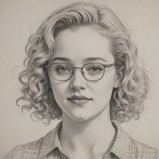 Delightful Julia Garner, pencil sketch, portrait of Dazzling woman 1969s in glasses, hair style beatnik, outline, clear lines, fine lines, 8k