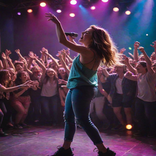 Lively concert scene, with a crowd enjoying live music, colorful lights illuminating the stage, and a performer engaging the audience, creating a feeling of excitement and energy.