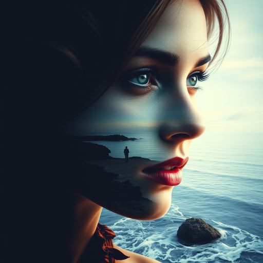 design Book cover, A surreal double exposure portrait that blends a woman's face with a beautiful seascape. The overall mood is dreamy and mystical, with rich colors and intricate details