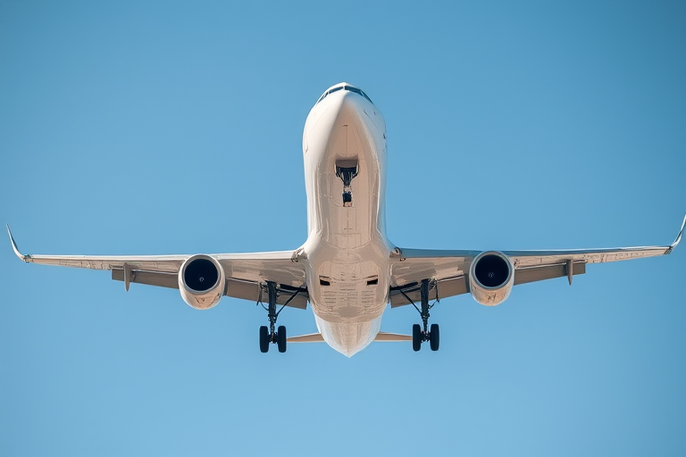 Capture a detailed image of a commercial airplane in flight against a clear blue sky, focus on the landing gear extended, using a DSLR camera with a 50mm lens, aperture set to f/4, shutter speed 1/1000s, ISO 200, shot from a low angle to emphasize the aircraft's size and wingspan.