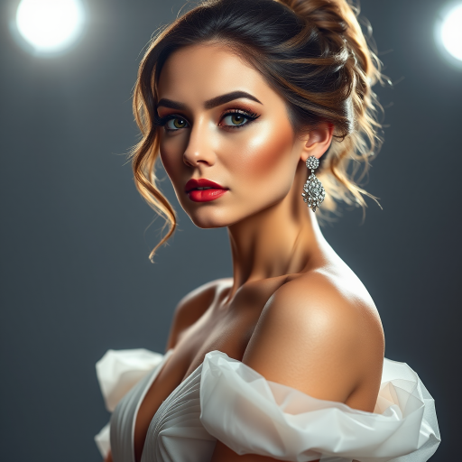 Studio portrait, female model, elegant couture dress, bold makeup, dramatic lighting, Utilize a 50mm portrait lens for crisp details and a soft background blur, 8k
