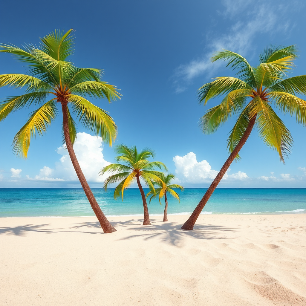 Create a vibrant and detailed illustration of four stylized palm trees on a sandy beach, using a Canon EOS R5 camera with a 50mm lens at f/1.8, ISO 100, and a view from a low angle to enhance the foreground details and increase image quality.