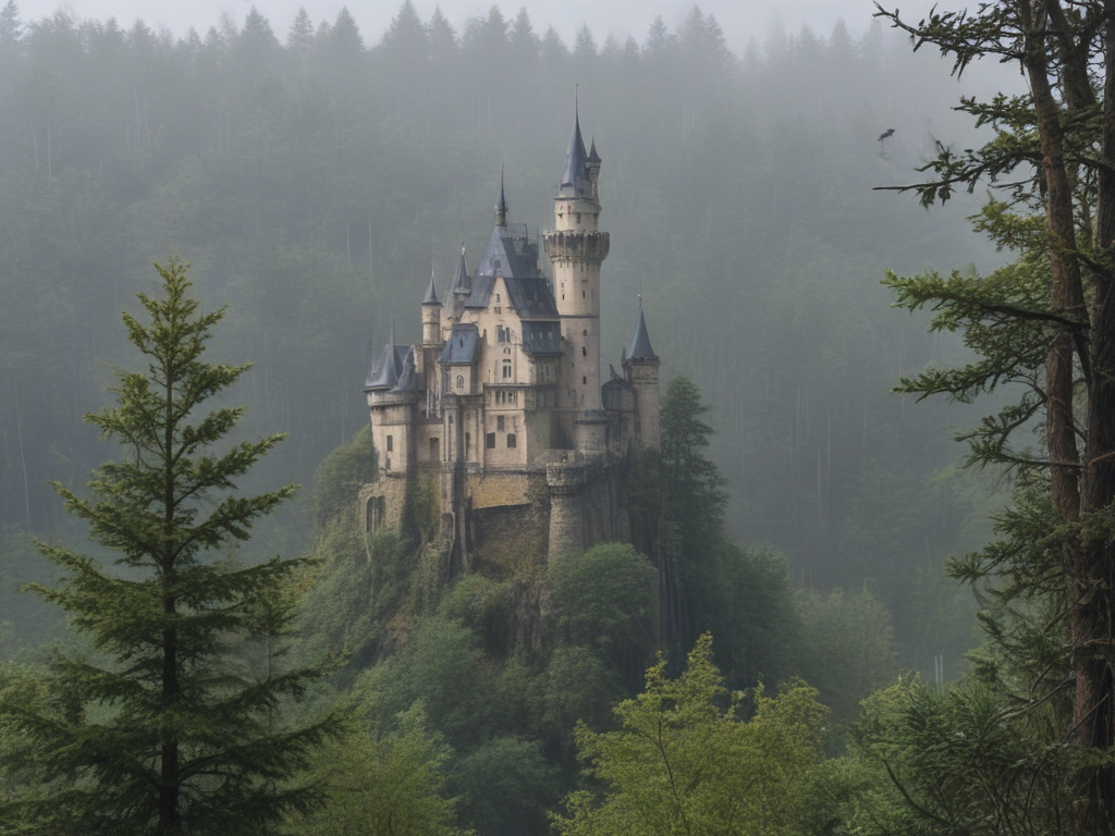 a castle in the rain, in the forest.