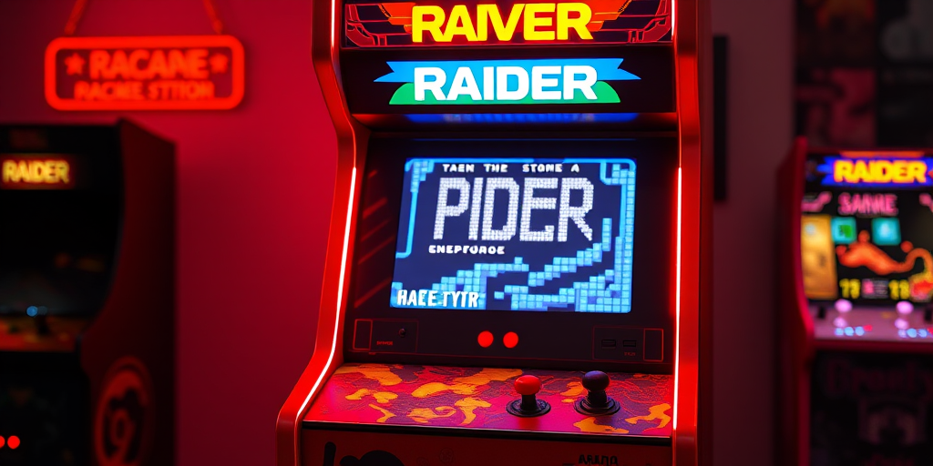regenerate a vibrant arcade machine titled "Raider" with pixelated graphics on the screen, 50mm lens, f/2.8 aperture, ISO 100, natural lighting, frontal view, high-definition render, 3D photorealistic style