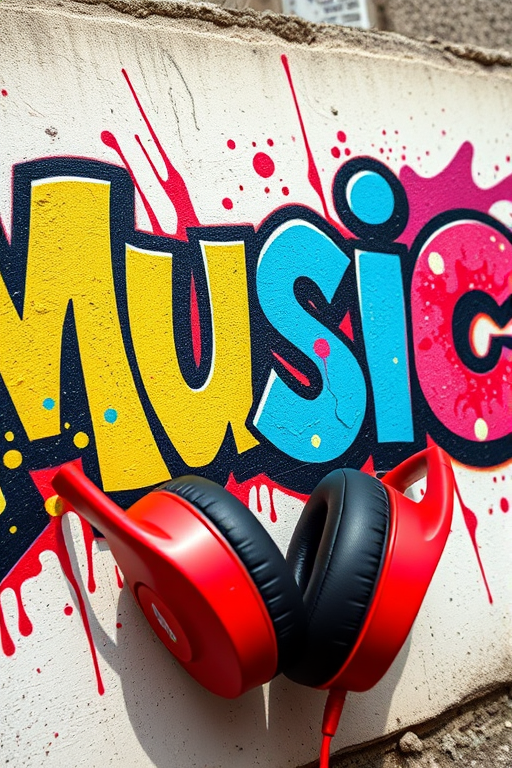 Create a vibrant graffiti-style image of the word "music" with colorful lettering, splashes of paint, and a pair of red headphones, captured with a DSLR camera at f/8 aperture, ISO 100, 50mm lens, in natural lighting and a close-up view to enhance clarity and detail.