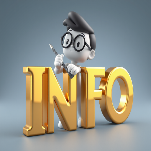 Create a 3D rendering of a stylized character polishing shiny gold letters that spell "INFO" with one letter partially removed, using a Canon EOS R5 with a 50mm f/1.2 lens at ISO 100, aperture f/2.8, and a soft focus background for enhanced depth.