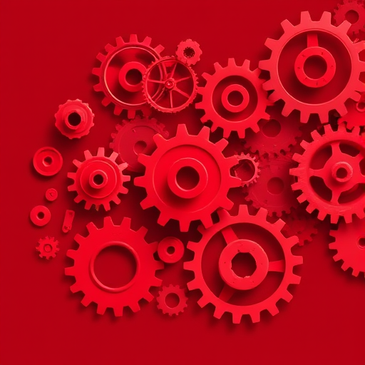 Create a high-resolution digital illustration of various gears in shades of red on a maroon background, using a DSLR camera with a 50mm lens at f/2.8, ISO 100, aperture priority mode, and a shallow depth of field for a vibrant and focused look.