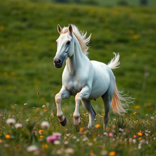 Regenerate a high-resolution image of a majestic white horse galloping through a lush green meadow with wildflowers, captured with a Canon EOS R5, 85mm lens, f/1.8 aperture, ISO 100, and a slight telephoto perspective to enhance depth and clarity.