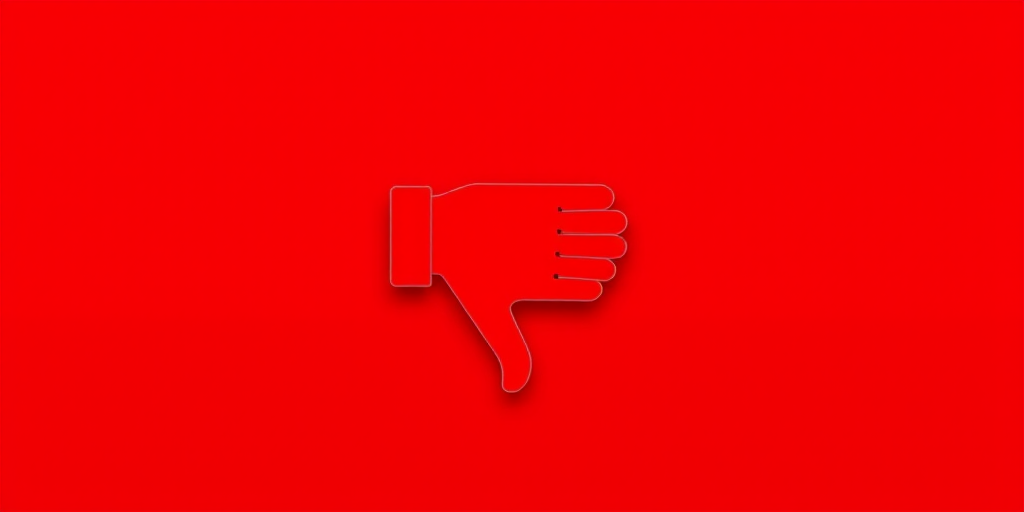 Create a vibrant digital illustration of a thumbs down icon on a solid red background, using a Canon EOS R5 with a 50mm lens, f/1.8 aperture, ISO 100, and soft diffused lighting for enhanced clarity and color depth.