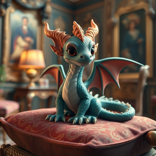 Create a highly detailed 3D rendering of a cute fantasy dragon sitting on an ornate pillow in a richly decorated room, using a DSLR camera with a 50mm lens, aperture set to f/1.8, ISO 100, soft natural light, and a shallow depth of field to enhance focus on the dragon.