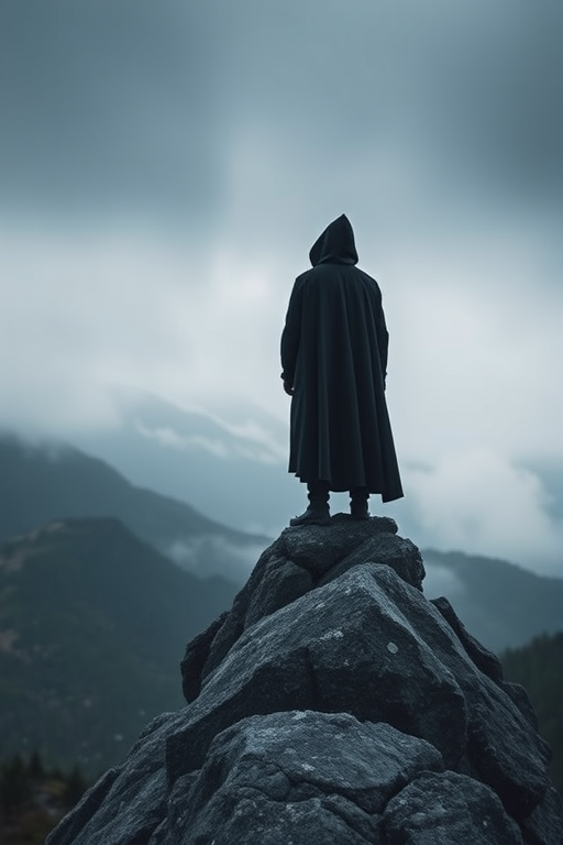 Create an image of a lone figure in a dark cloak standing on a rocky peak overlooking misty mountains in a moody atmosphere, captured with a Canon EOS R5, 50mm f/1.2 lens, f/8 aperture, ISO 100, shot from a low angle to emphasize the landscape and figure, with a soft focus on the background to enhance depth.