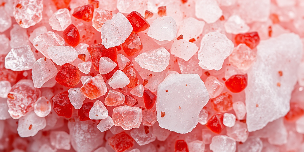 high-resolution macro shot of red and white rock salt texture, aperture f/8, shutter speed 1/125 sec, ISO 100, top-down view, DSLR camera