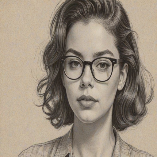 Sublime Isabella Gomez, pencil sketch, portrait of Captivating woman 1944s in glasses, hair style beatnik, outline, clear lines, fine lines, 8k