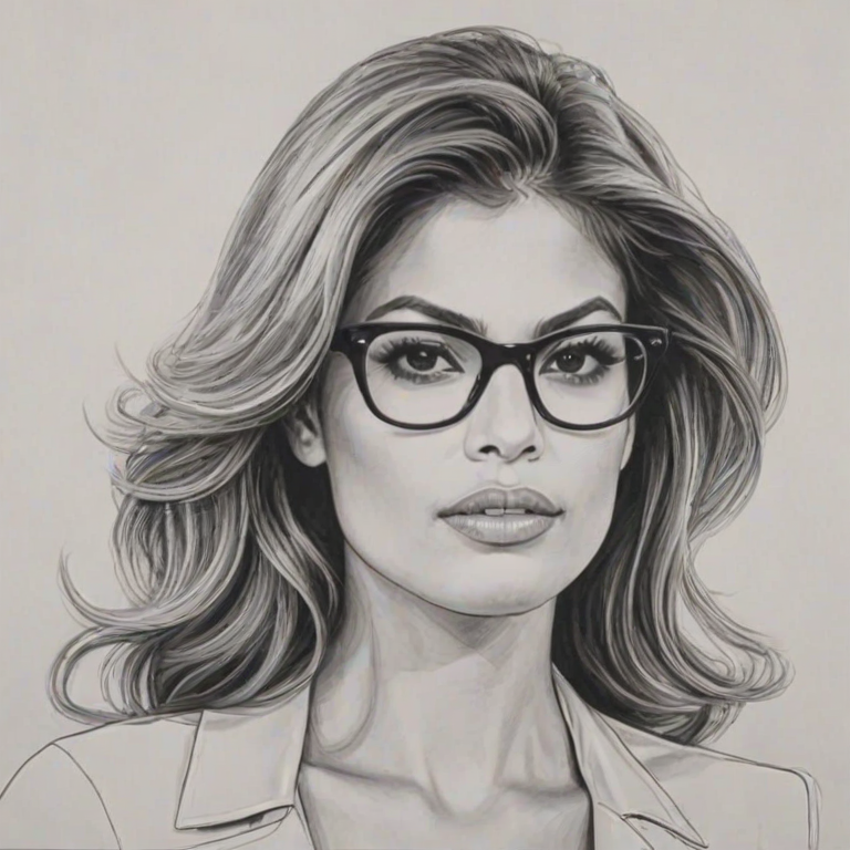 Captivating Eva Mendes, pencil sketch, portrait of Dazzling woman 1974s in glasses, hair style beatnik, outline, clear lines, fine lines, 8k