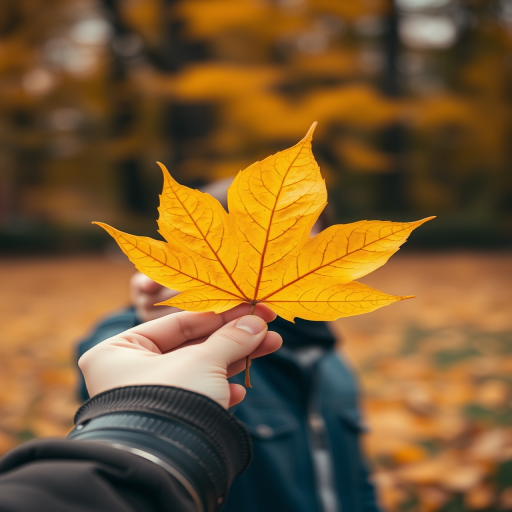 Capture a close-up of a person holding a vibrant yellow maple leaf against a blurred autumn foliage background, using a DSLR camera with a 50mm lens, aperture set to f/2.8 for shallow depth of field, ISO 200 to reduce noise, and a shutter speed of 1/250 seconds to freeze motion, natural soft light for enhanced color contrast.