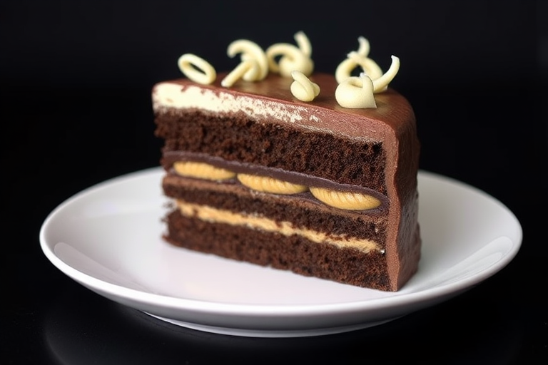 A slice of chocolate cake with multiple layers including dark chocolate ganache and peanut butter filling topped with white frosting and white chocolate curls on a white plate against a dark background.