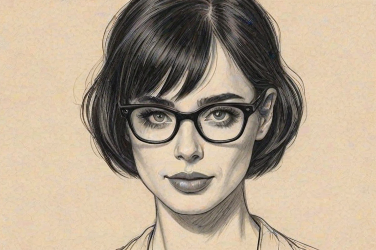 Graceful Krysten Ritter, pencil sketch, portrait of Fetching woman 1923s in glasses, hair style beatnik, outline, clear lines, fine lines, 8k