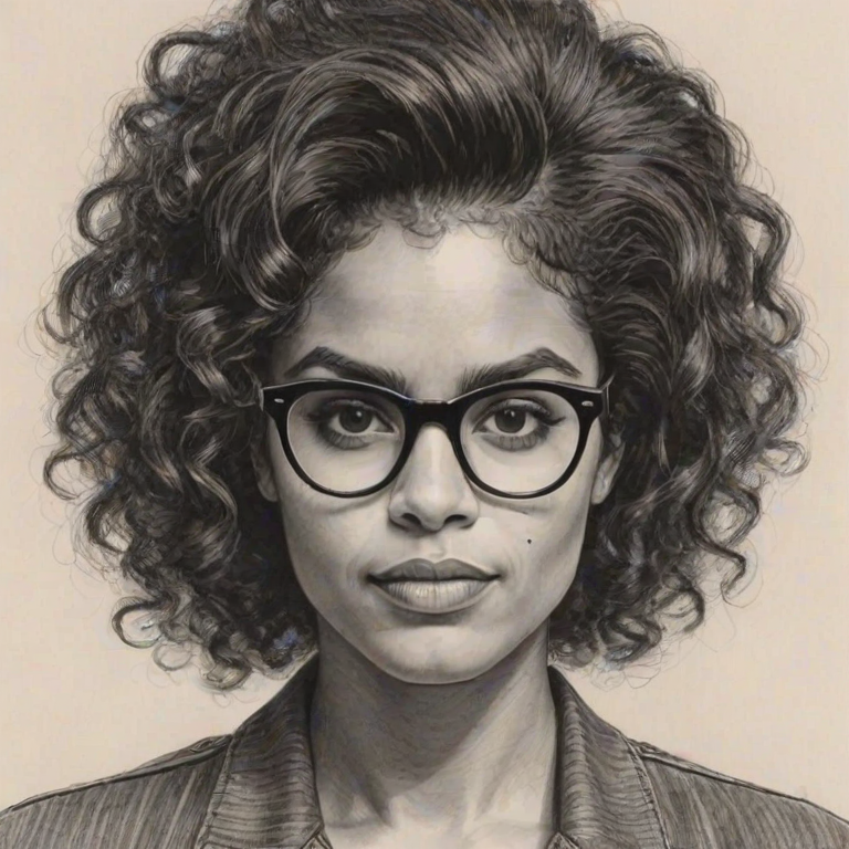 Ravishing Zazie Beetz, pencil sketch, portrait of Resplendent woman 1955s in glasses, hair style beatnik, outline, clear lines, fine lines, 8k
